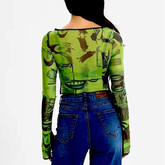 Green mesh fangs long flare sleeve crop top - Picture 11 of 14